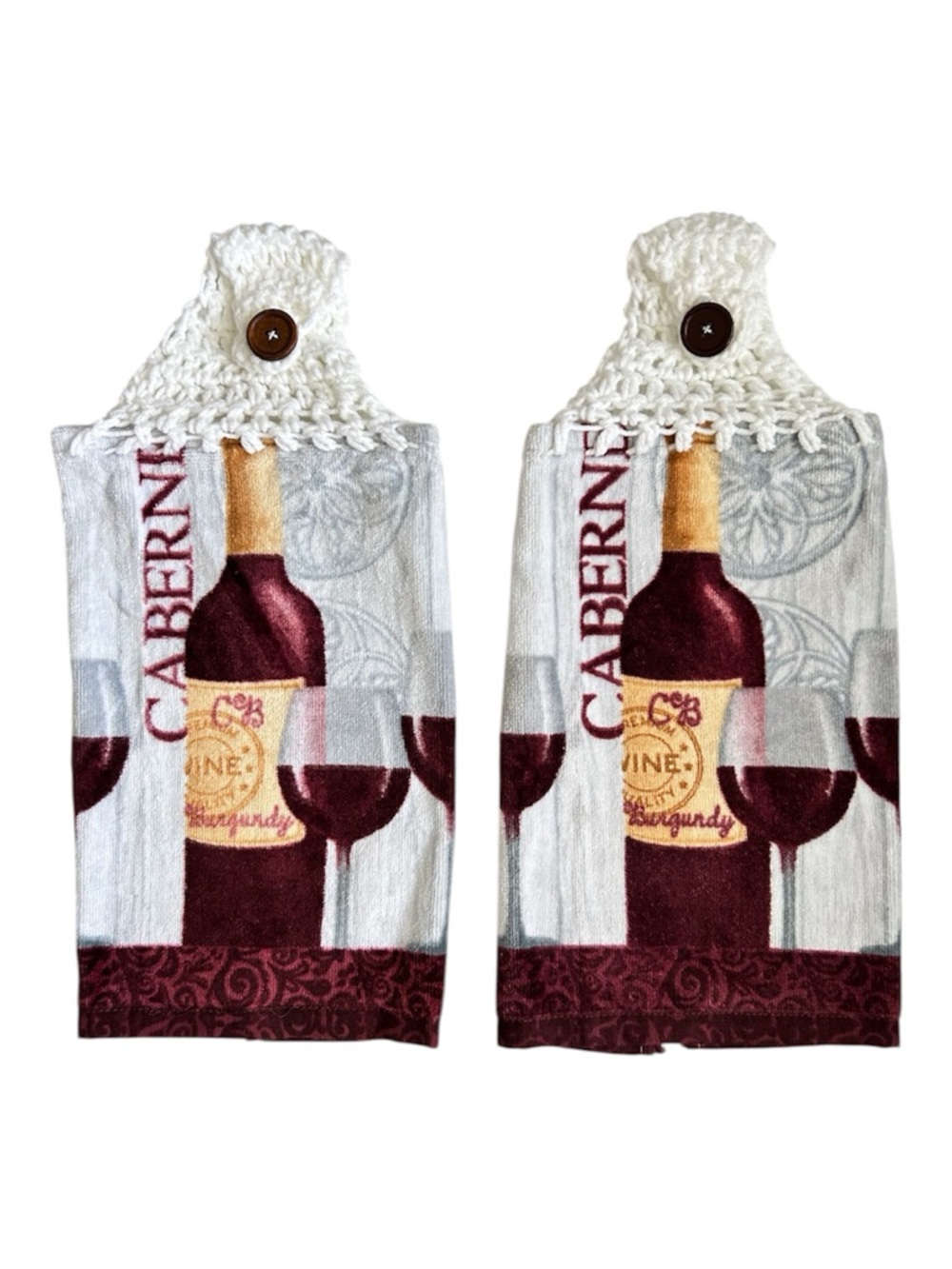 Hand Crafted Cabernet Wine Hanging  Hand Towels with Burgundy and Gray Design